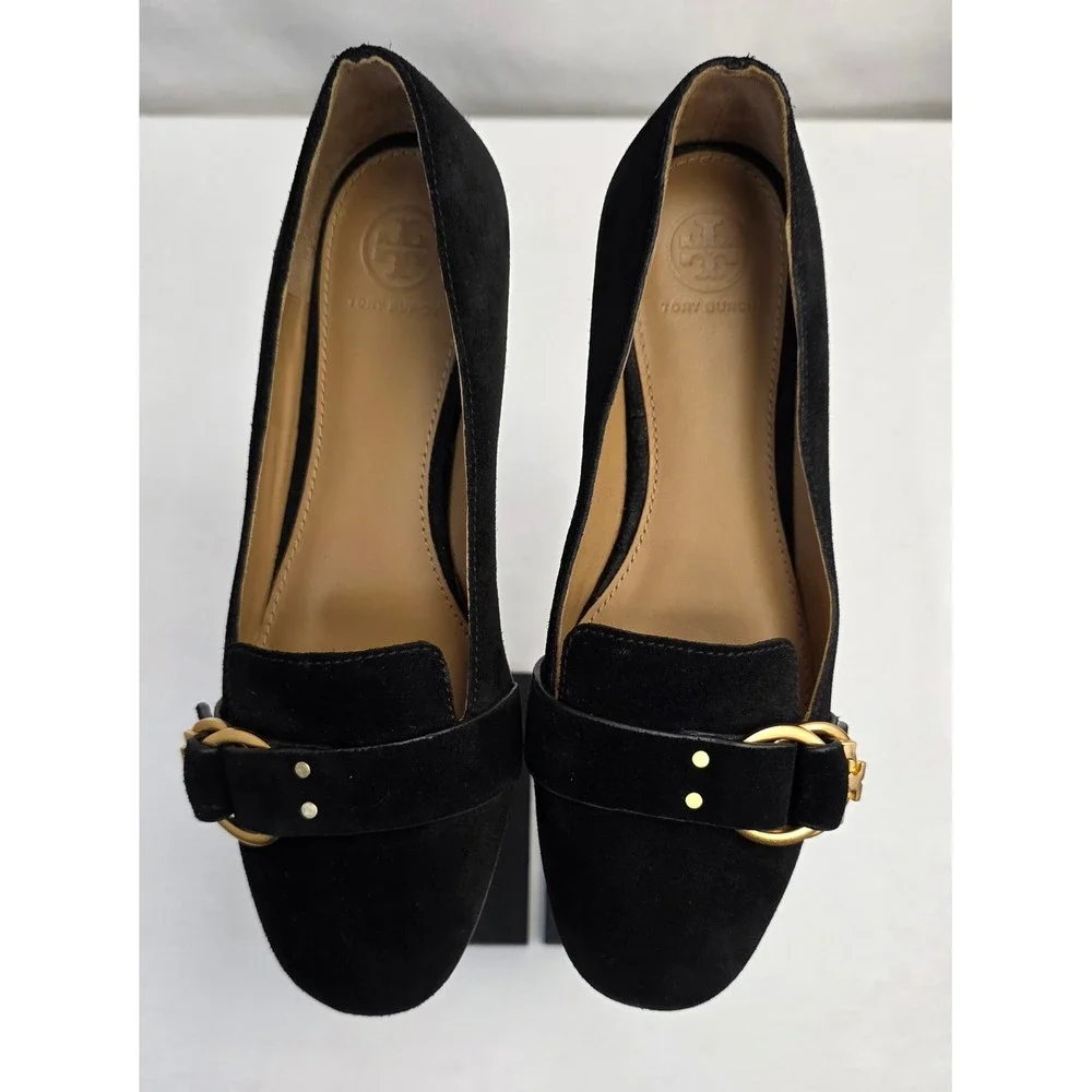 Tory Burch Black Suede Logo Buckle Ballet Flats Gold Hardware Size 7.5